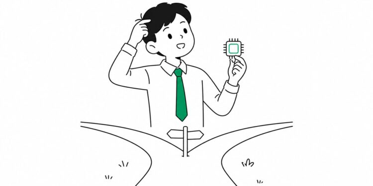 국산 AI반도체 스타트업이 독자노선과 대형 플랫폼 협력 사이에서 고민하는 모습을 표현한 그래픽