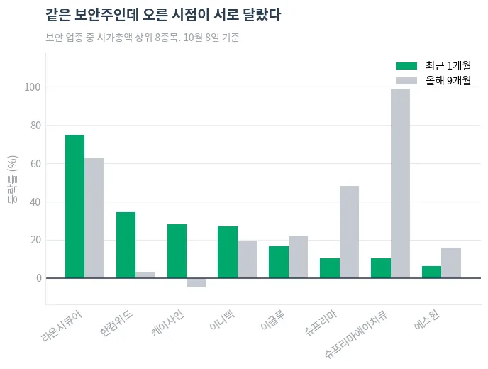 보안 업종 시가총액 상위 8종목의 최근 1개월과 올해 등락률